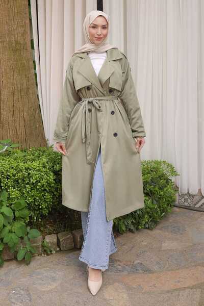İmajButik Dark Khaki Double-Breasted Collared Lined Trench Coat