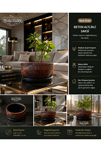 BitkiTÜRK 🪴✨ Beton Altlıklı Dekoratif Saksı – Kabartmalı Premium Tasarım | 2...