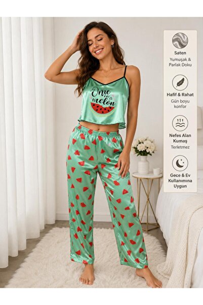 DİAMOND OUTLET Women's Green Watermelon Patterned Satin Pajama Set with Strap...