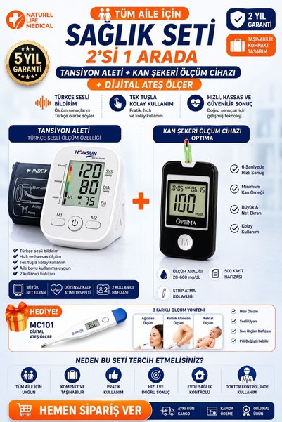 NATUREL LİFE MEDİCAL Türkçe Konuşan Dijital Tansiyon Aleti + Şekeri Ölçüm Cihazı + Ateş Ölçer Seti
