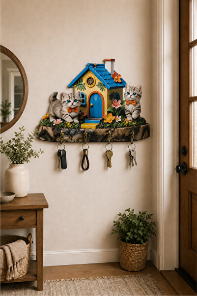no77decor Sevimli Kedili Ev Temalı Dekoratif Duvar Askılı Anahtarlık – 3D Gör...