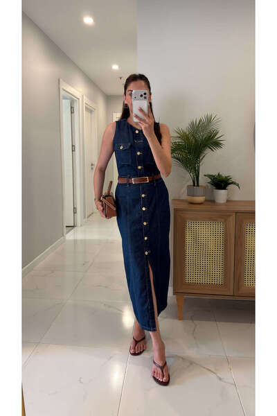 BİRCANÇİL Rochie din denim fără mâneci, albastru marin, cu detaliu buzunar, Z...