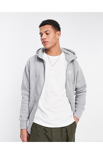 Nike Sportswear Club Full Zip Hoodie Şardonlu Kapüşonlu Gri Fermuarlı Sweatshirt