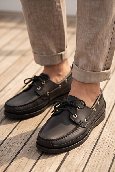 Liarca Royal Marine Siyah Premium Deri Erkek Loafer - El İşçiliği Özel Tasarım Klasik Gemi Ayakkabısı (Boa