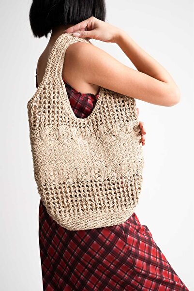 Ramer Lidya Rope Knitted Beach and Daily Beige Women's Shoulder Bag