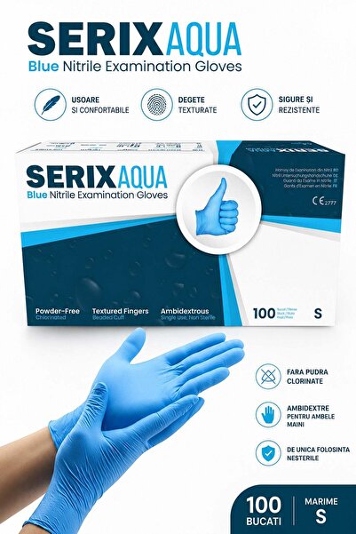 SERIX Set 100 Manusi Examinare Nitril Albastre, Nepudrate, Aqua (SMALL)