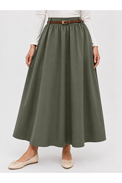 Lunsera Store تنورة ناعمة بتفاصيل حزام مطاطي - كاكي