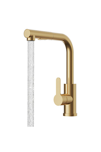 Granitan Baterie Bucatarie Ebro, Inox, Duza Retractabila, 2 Jeturi, Auriu