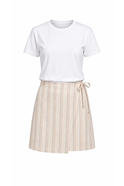 Eight Fashion Women's Ecru Striped High Waist Zippered Asymmetrical Skirt wit...