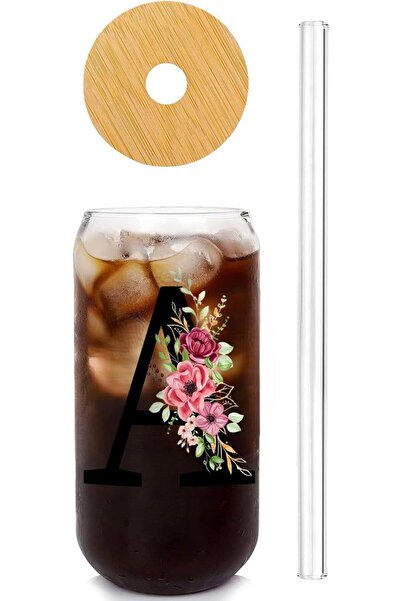 NASAQ Glass Cup with Lids and Straws, UV Letter Design, 20 oz Aesthetic Iced ...