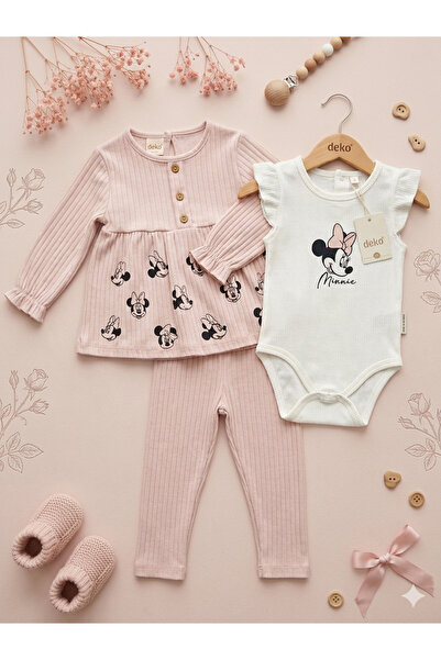 DECO %100 Pamuk Kız Bebek Pembe Minnie Mouse Baskılı Jileli Ribana 3'lü Takım