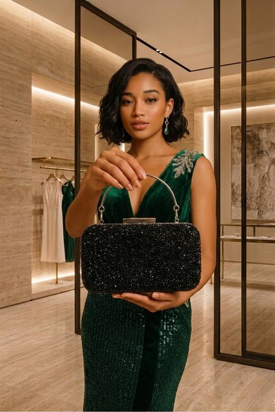 RKY SERENITY Women's Black Stone Embellished Evening Dress Bag Stylish Wedding Engagement Graduation Evening Bag Portfolio Bag