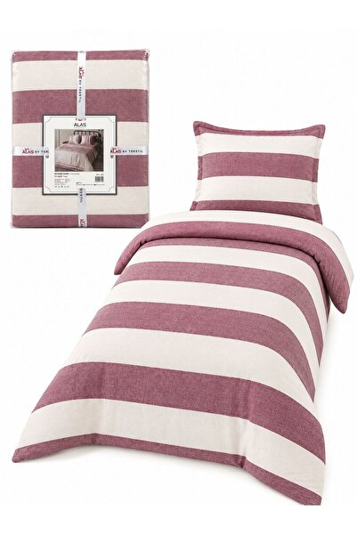 ALAS ALAS Single Duvet Cover Set Set, 100% Cotton, Powder Pink/Cream Stripe P...