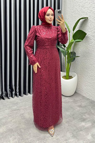 Kalemen Moda Sahra Otriş Detay Abiye 1004 Bordo