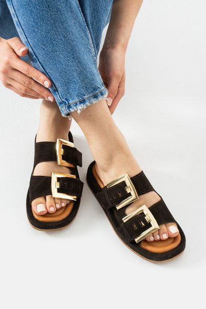 Tibu Ayakkabı Tibu Nemi Buckle Suede Leather Slippers