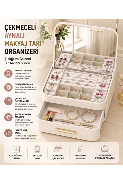 Myplas Çekmeceli Aynalı Çok Bölmeli Makyaj Takı Organizer Krem