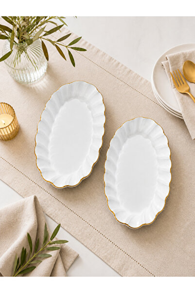 ŞURA MUTFAK 2-Piece Fan-Shaped White Plate with Gold Gilt Presentation Plate