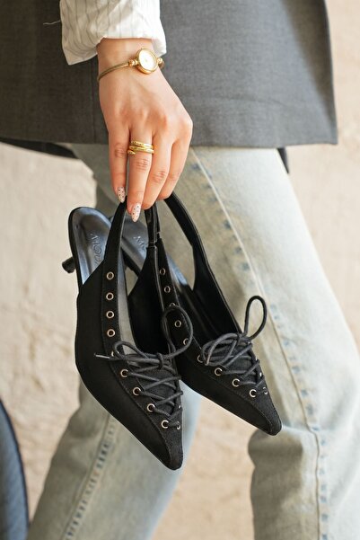 MODAADAM Women's Carry Lace Detail Low Heel Shoes - Black Suede
