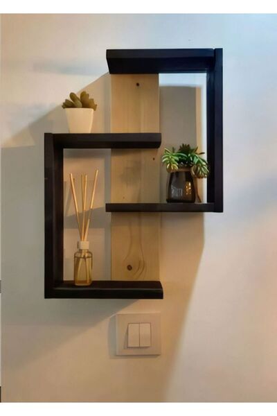 KütükOn Ahşap Duvar Rafı 40x50 cm Çam Ağacı Dekoratif Kitaplık Siyah Beyaz Doğal Ahşap Modern Salon Mutfak Raf