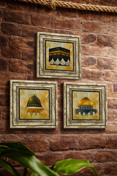 Sadrazam Kaaba-Mescid-I Nebevi-Kubbetüssahra 25X25 cm 3-Piece Natural Stone P...