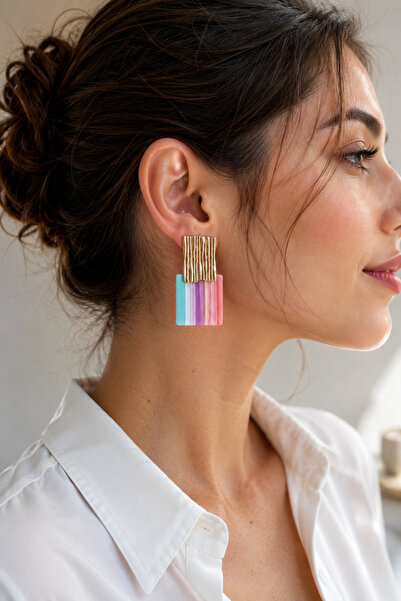 POYASE Pastel Striped Resin Detailed Gold Design Earrings Colorful Square Ear...