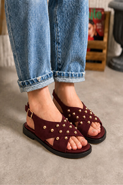 Scarpebutik Women's Burgundy Suede Cross-Strapped Sandals with Gold Trok Detail