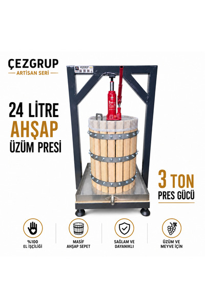 çezgrup Artisan Seri 24 L Ahşap Üzüm & Meyve Sıkma Presi – 3 Ton Şişe Kriko –...