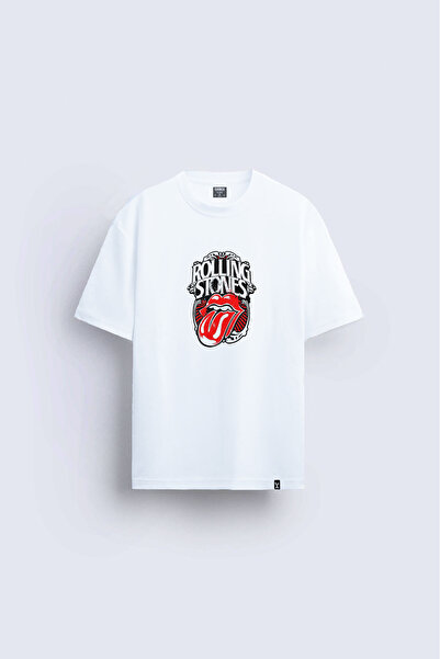 AYDESİGN Rolling Stones Printed Crew Neck White T-Shirt