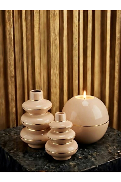 LUNİVAA HOME Dekoratif Gold + Gümüş Çizgili Vazo Mumluk Seti.Hediyelik Ev, Of...