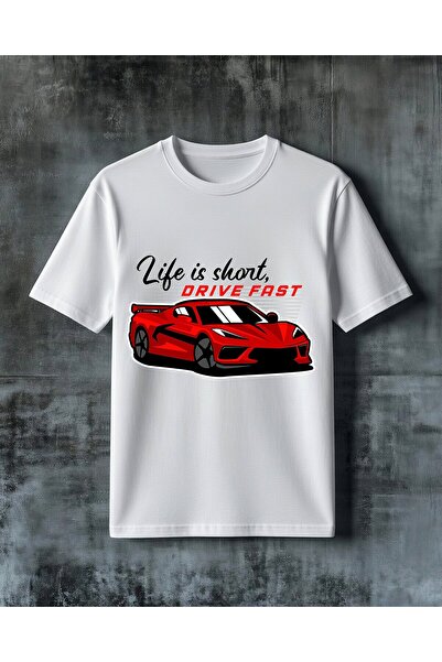 COMVİCHO تي شيرت كبير الحجم مطبوع عليه drive fast red car
