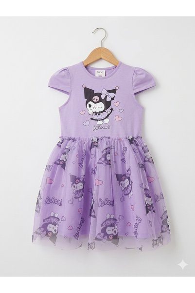 Neva Baby Boutique Kuromi Printed Purple Short Sleeve Girls' Tulle Tutu Dress – Birthday / Special Occasion / Party 3-8 Years