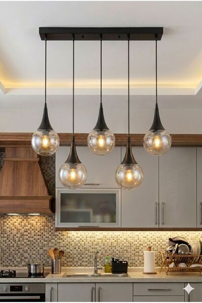 VENON Elora 5.li SIRALI ✨ SİYAH ✨ BAL GLOP CAMLI ✨ Yemek Masası Avizesi Salon...