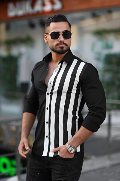 BAYIM Erkek Slim-Fit Kontrast Geniş Çizgili Premium Lüks Tasarım Gömlek