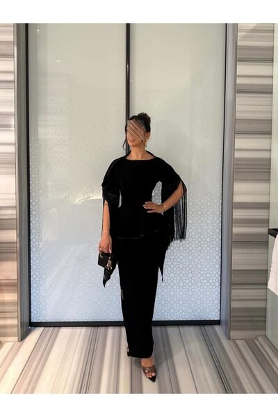REVE Elegant Black Jumpsuit, with a Wide Neckline, and Long Sleeves Decorated...
