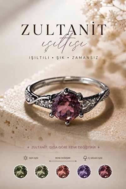 Yudi Atelier Zultanit Renk Değiştiren Doğal Taş Yüzük - Ayarlanabilir Damla K...
