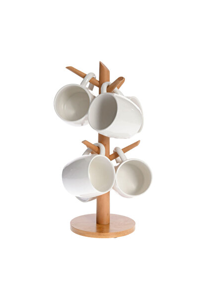 meli melo Set of 6 white ceramic mugs with vertical wooden stand, 190 ml