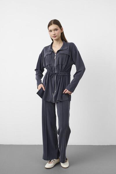 Basicpark Navy Blue Tencel Flowy Texture Adjustable Waist Pre-Stitched Jacket...
