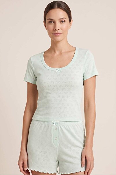 OBJE Women's Blue Ribbed Short Sleeve Pajama Top
