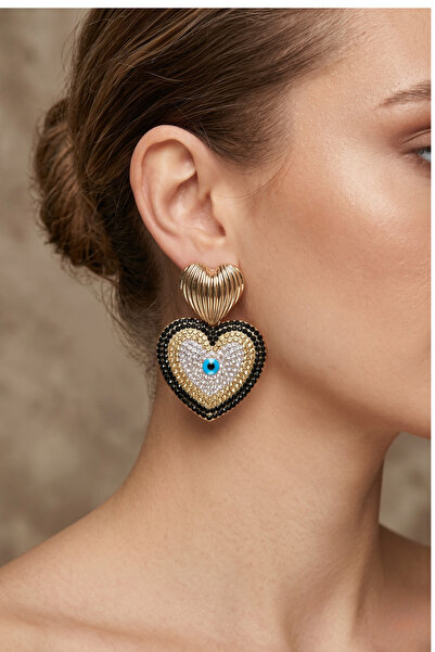 PETEK AKSESUAR Full Stone Embellished Evil Eye Heart Earrings 5 Cm.