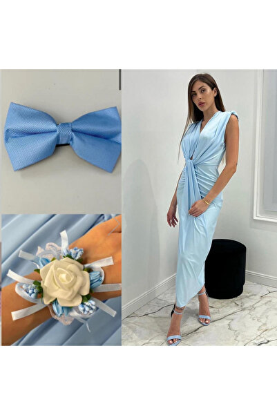 MONNET MODA Elastic Satin Dress Set with Bracelet and Blue Bow Tie