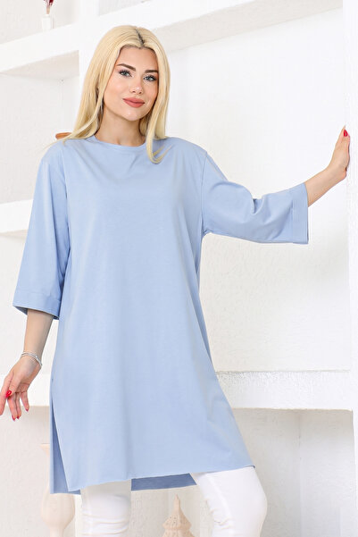 nacar çarşı Women's Light Blue Oversize Tunic T-Shirt – Half Sleeves, Round N...