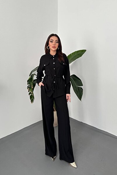 ozelia Black Button-Down Shirt and Ribbed Trousers