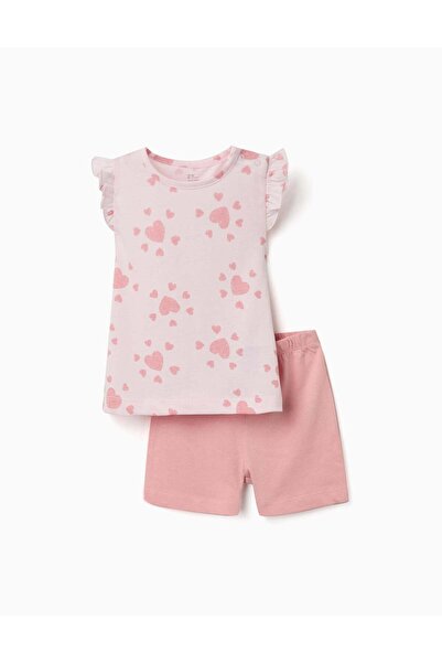 Ziddy Cotton Pyjamas With Heart Motif And Ruffles For Baby Girls Pink