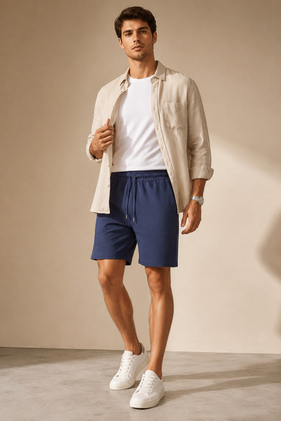 1434 Polo State Men's Navy Blue Pique Fabric Elastic Waist Lace-Up Shorts