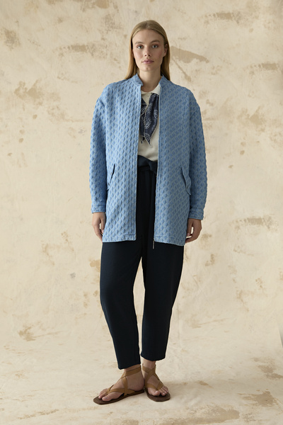 Zühre Zippered Stand Collar Blue Jacket with Pocket Detail 0184