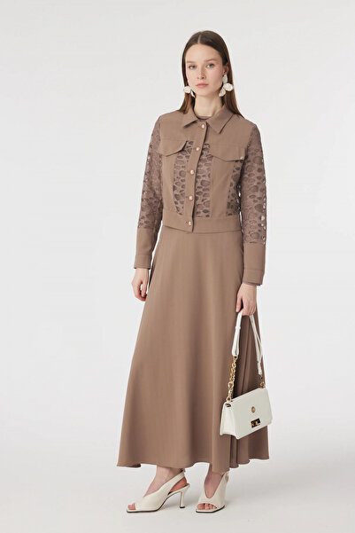 Zühre Lace Paneled Buttoned Belted Mocha Suit 1742