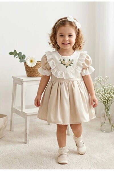 RÜYA KİDS Girl's Summer Embroidered Lined Birthday Party Wedding Dress with Lace