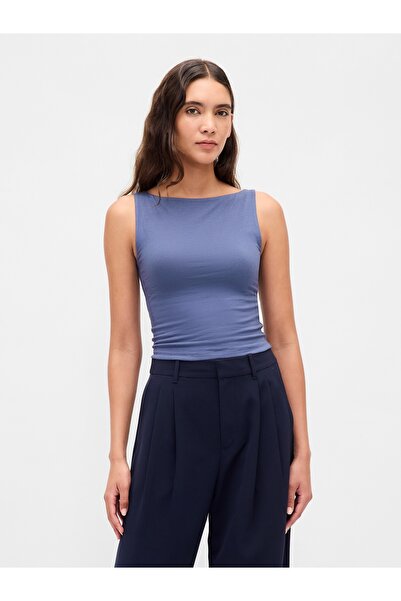 GAP Kadın Mavi CloseKnit Jersey Boatneck Crop Kolsuz Üst