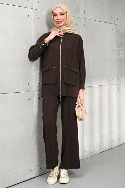 İmajButik Brown Zippered Jacket and Pants Set