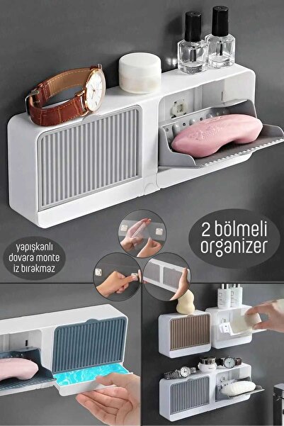 tafce Yapışkanlı Çift Bölmeli Sabunluk Kapaklı Kendinden Boşaltmalı Su Tutmaz...